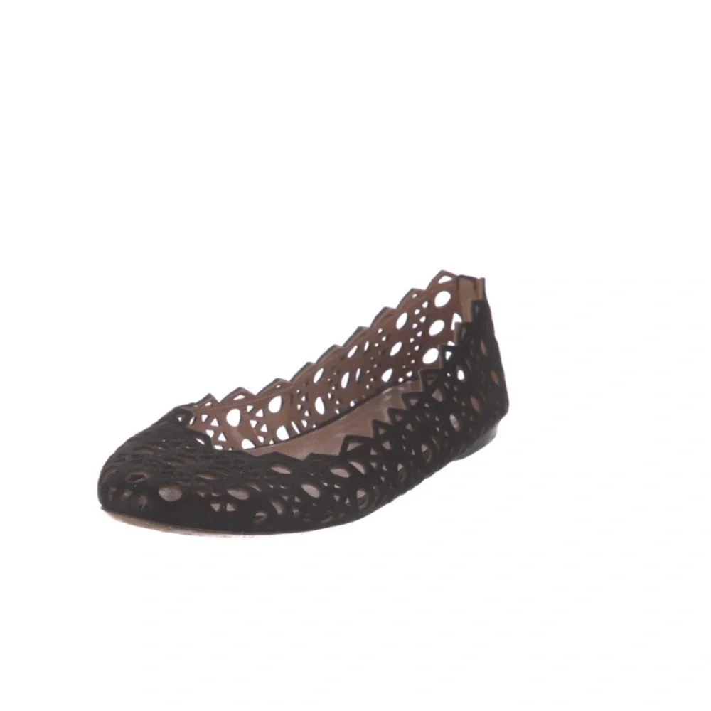 ALAIA SUEDE LEATHER BLACK LASERCUT ACCENT BALLET FLATS SHOES 37.5 7.5